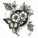 A unique design incorporating the initials of each of the 3 kids in a creative way, surrounded by delicate flower elements tattoo design idea
