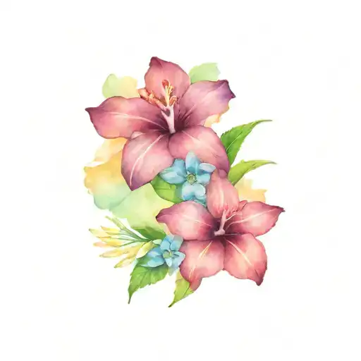 Hawaiian islands with plumeria and hibiscus flower tattoo design idea