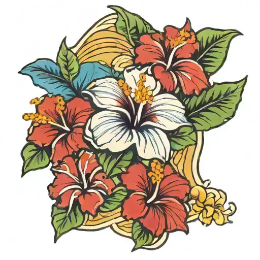 Hawaiian island map, hibiscus and plumeria flowers tattoo design idea