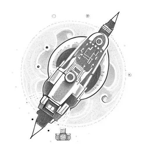 A dotwork tattoo of an anime-inspired spaceship being repaired by electrician aliens tattoo design idea