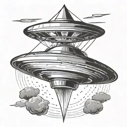 a sleek, metallic UFO hovering in the sky. The saucer itself would have a shiny, curved surface with a domed top tattoo design idea