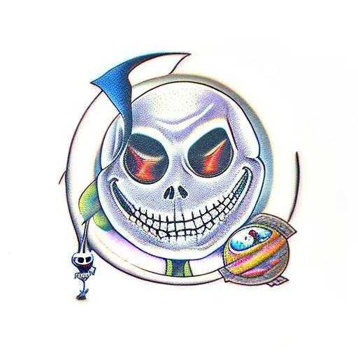 Jack skellington with sally and zero with moon above tattoo design idea