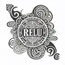 12:21 IN ROMAN NUMERALS WITH THE NAME REUELU IN THE MIDDLE WITH POLYNESIAN PATTERNS IN THE BACKGROUND tattoo design idea