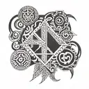 12:21 IN ROMAN NUMERALS WITH THE NAME REUELU IN THE MIDDLE WITH POLYNESIAN PATTERNS IN THE BACKGROUND tattoo design idea