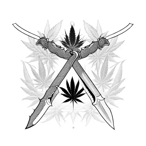 A majestic sword surrounded by a symmetrical pattern of cannabis leaves tattoo design idea