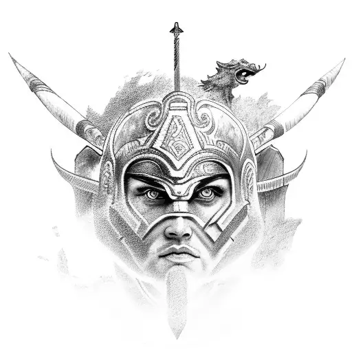 A fierce gladiator battling a mythical creature with a background of Greek ruins tattoo design idea