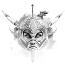 A fierce gladiator battling a mythical creature with a background of Greek ruins tattoo design idea