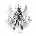 A fierce gladiator battling a mythical creature with a background of Greek ruins tattoo design idea