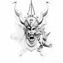 A fierce gladiator battling a mythical creature with a background of Greek ruins tattoo design idea