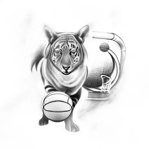 A black-grey tattoo of a basketball hoop with animals as spectators tattoo design idea