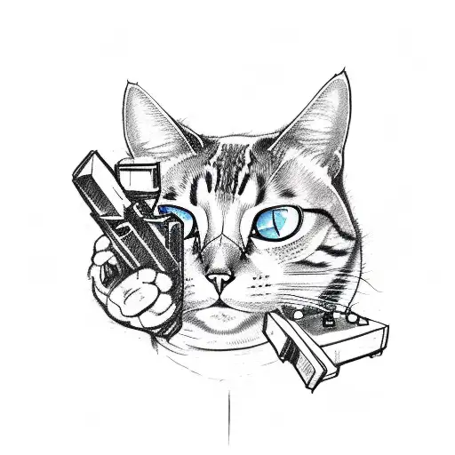 A sketch-style tattoo of a sad cat holding a game controller with a gun lying beside it tattoo design idea