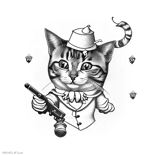 A blackwork tattoo of a cute cat playing a game with a jester holding a gun tattoo design idea