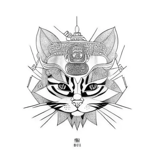 samurai cat Black anda wite tattoo design idea