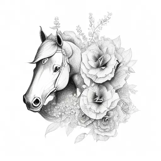 HALF FRONT HORSE HEAD HALF FLOWERS tattoo design idea