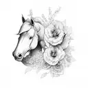 HALF FRONT HORSE HEAD HALF FLOWERS tattoo design idea