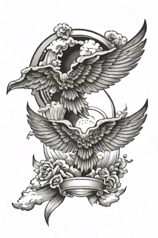 wings and clouds with sun rays tattoo design idea