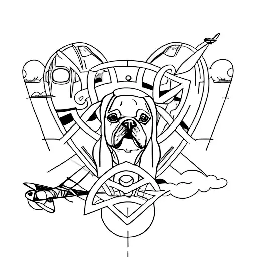 A minimalist tattoo of a dog and an airplane intertwined in a heart shape, representing your deep connection to both your pet and your passion for airplanes tattoo design idea