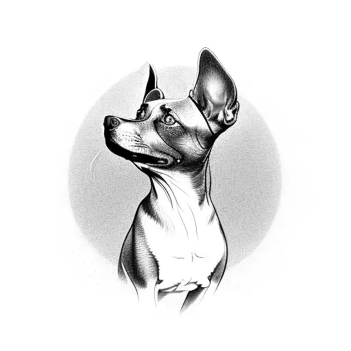 A realistic black and grey tattoo of a pinscher dog standing in front of a Boeing 747 airplane tattoo design idea