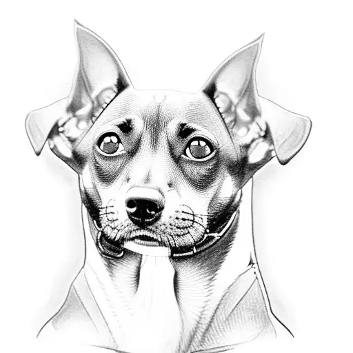 A realistic black and grey tattoo of a pinscher dog standing in front of a Boeing 747 airplane tattoo design idea