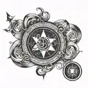 Creative OM sign interwined with a compass in space  tattoo design idea