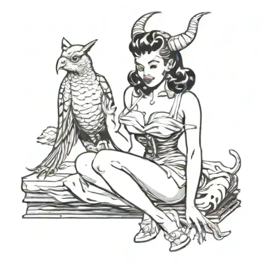 pinup devil girl sitting holding bird tattoo design idea