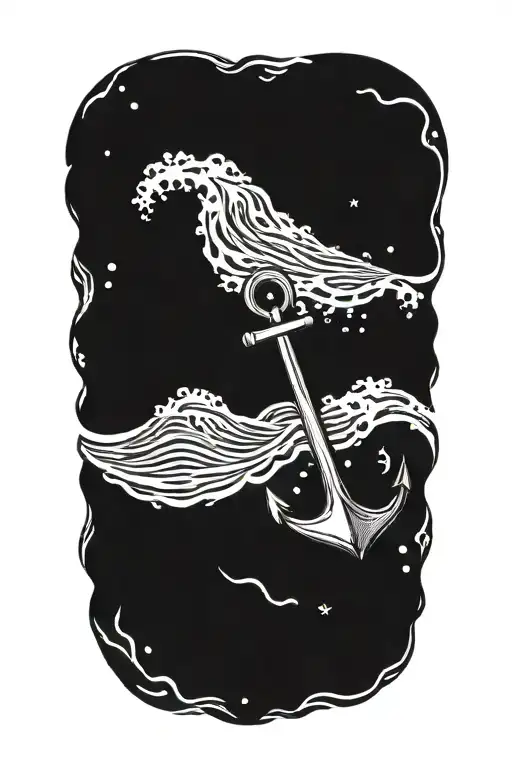 Ocean waves with an anchor underwater in the sand tattoo design idea