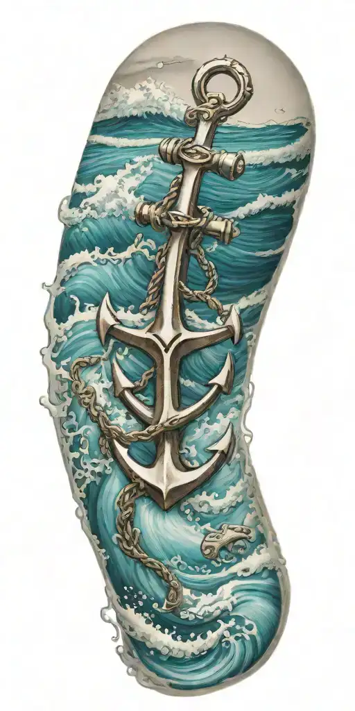 Ocean waves with an anchor underwater in the sand tattoo design idea