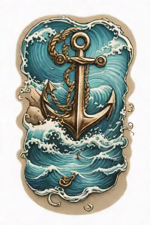 Ocean waves with an anchor underwater in the sand tattoo design idea