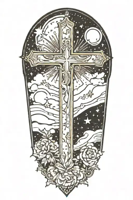 Starry sky with a cross in the center tattoo design idea