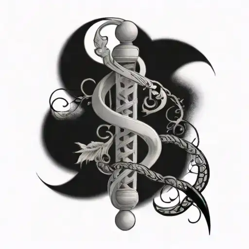 A caduceus intertwined with a DNA double helix, representing the balance between medicine and science tattoo design idea