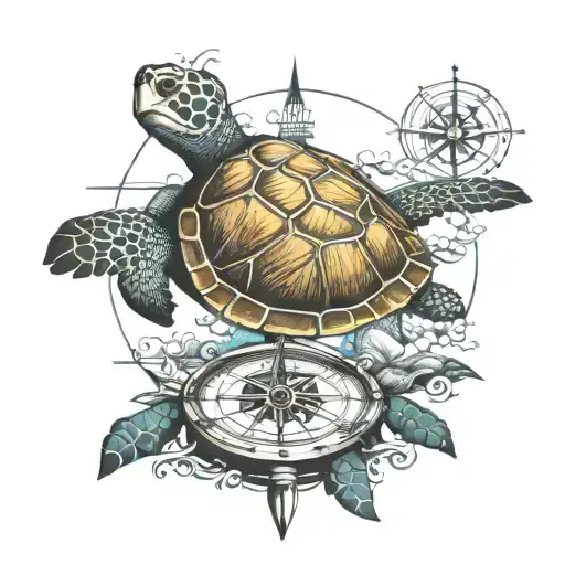 Sea turtle and compass tattoo design idea