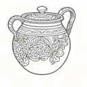 black and white fine line art drawing, simple, blank creole pot , white background, tattoo design idea