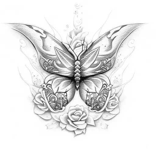 Butterfly with flames and roses tattoo design idea