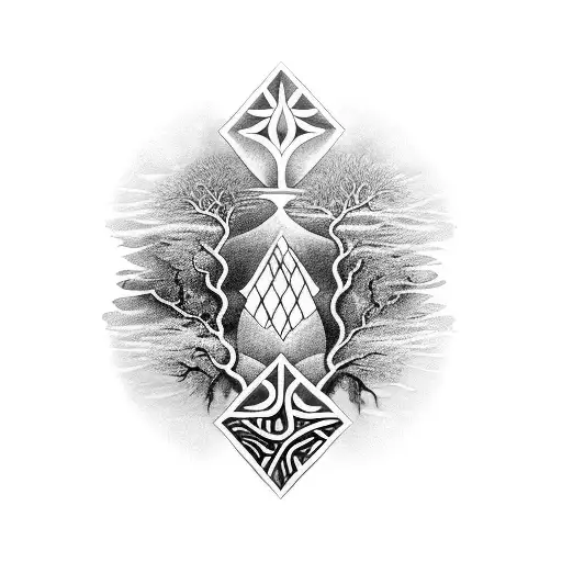 A stunning black-grey tattoo depicting African religious symbols intertwined with elements of nature, such as rivers and trees, reflecting the client's deep connection to both spirituality and the environment. tattoo design idea