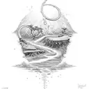 A sketch-style tattoo showcasing a powerful image of a river flowing through a vibrant landscape, with African religious symbols subtly incorporated, capturing the essence of the client's love for water resources and their occupation as a chemist. tattoo design idea