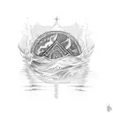 A sketch-style tattoo showcasing a powerful image of a river flowing through a vibrant landscape, with African religious symbols subtly incorporated, capturing the essence of the client's love for water resources and their occupation as a chemist. tattoo design idea