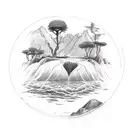 A sketch-style tattoo showcasing a powerful image of a river flowing through a vibrant landscape, with African religious symbols subtly incorporated, capturing the essence of the client's love for water resources and their occupation as a chemist. tattoo design idea