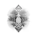 A stunning black-grey tattoo depicting African religious symbols intertwined with elements of nature, such as rivers and trees, reflecting the client's deep connection to both spirituality and the environment. tattoo design idea