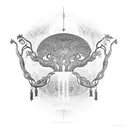 A stunning black-grey tattoo depicting African religious symbols intertwined with elements of nature, such as rivers and trees, reflecting the client's deep connection to both spirituality and the environment. tattoo design idea