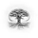 A stunning black-grey tattoo depicting African religious symbols intertwined with elements of nature, such as rivers and trees, reflecting the client's deep connection to both spirituality and the environment. tattoo design idea