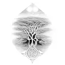 A stunning black-grey tattoo depicting African religious symbols intertwined with elements of nature, such as rivers and trees, reflecting the client's deep connection to both spirituality and the environment. tattoo design idea