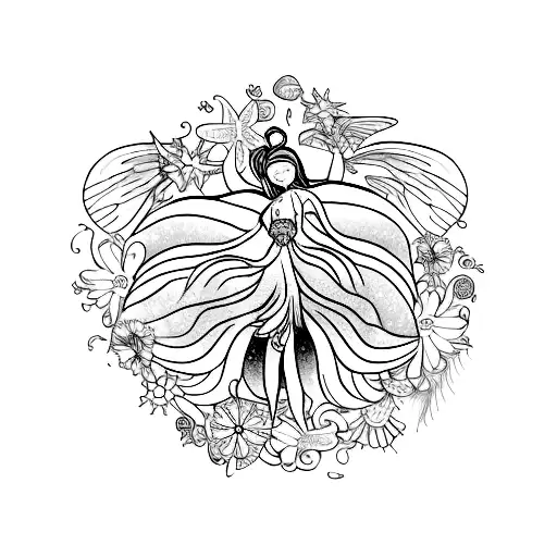 a winged fairy and a mermaid in a circle with flowers and seashells tattoo design idea