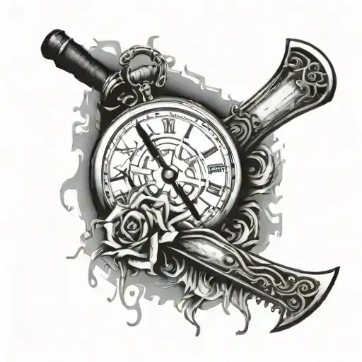 The Dead with a scythe, a broken pocketplayer watch and fog tattoo design idea