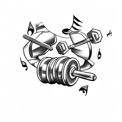A tattoo of a dumbbell with musical notes incorporated, representing a passion for fitness and music tattoo design idea