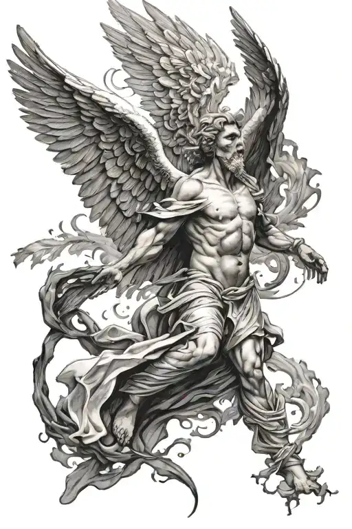 male angel with black wings falling out of the sky tattoo design idea
