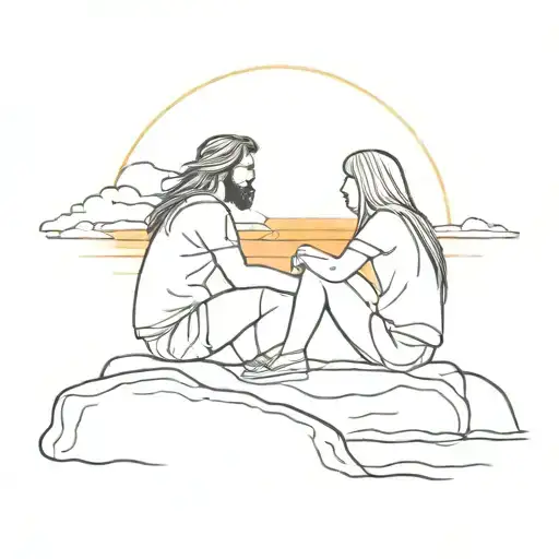 rocky beach with a long-haired man and a girl sitting on a rock and the sunset in the background tattoo design idea