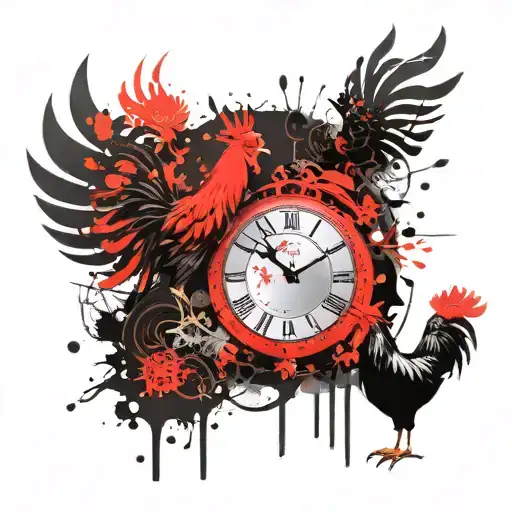 Clock date sign Aquarius and fire rooster mix tattoo design idea