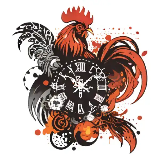 Clock date sign Aquarius zodiac and fire rooster mixes with Nordic style tattoo design idea