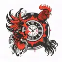 Clock date sign Aquarius and fire rooster mix tattoo design idea