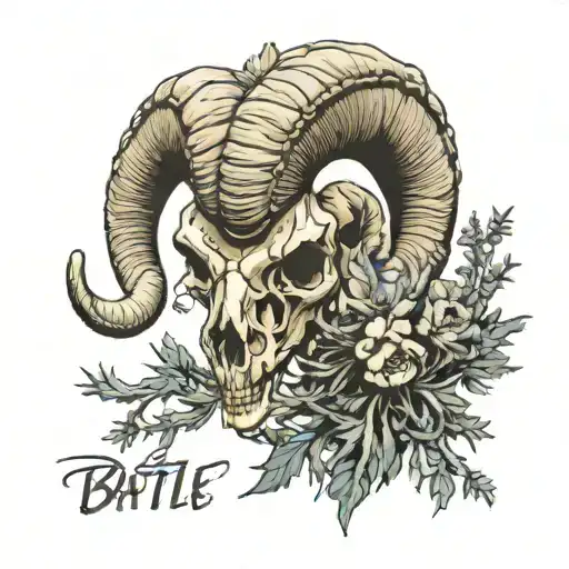 Desert Bighorn Sheep Skull, with Sage Brush, and the words Battle Born  tattoo design idea